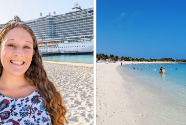 split image of selfie and beach